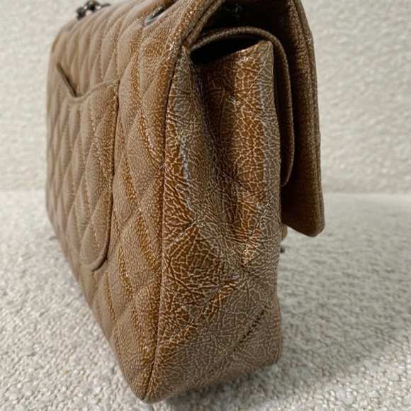 Authentic Chanel Crinkled Patent Quilted Medium Double Classic Flap Brown - Picture 9 of 16